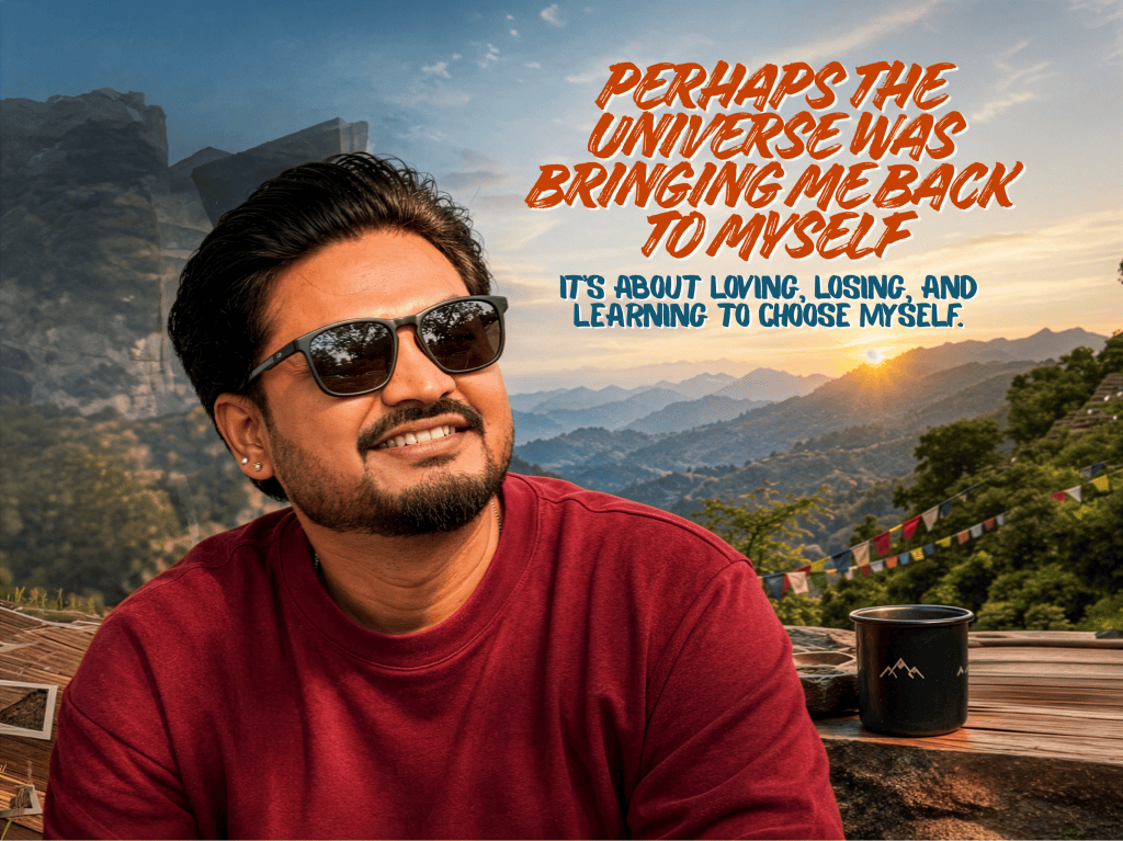 A smiling man wearing sunglasses, sitting outdoors with a scenic mountain backdrop. Text overlay includes a motivational quote about self-discovery and personal growth.